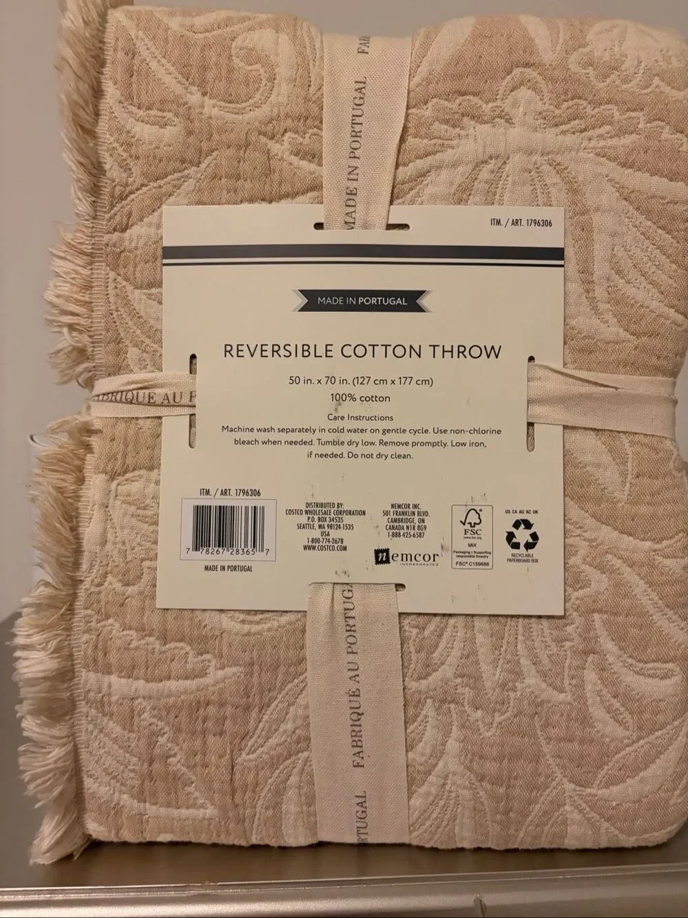 Nemcor Portugal Reversible 100% Cotton Jacquard Floral Beige Throw Blanket NWT